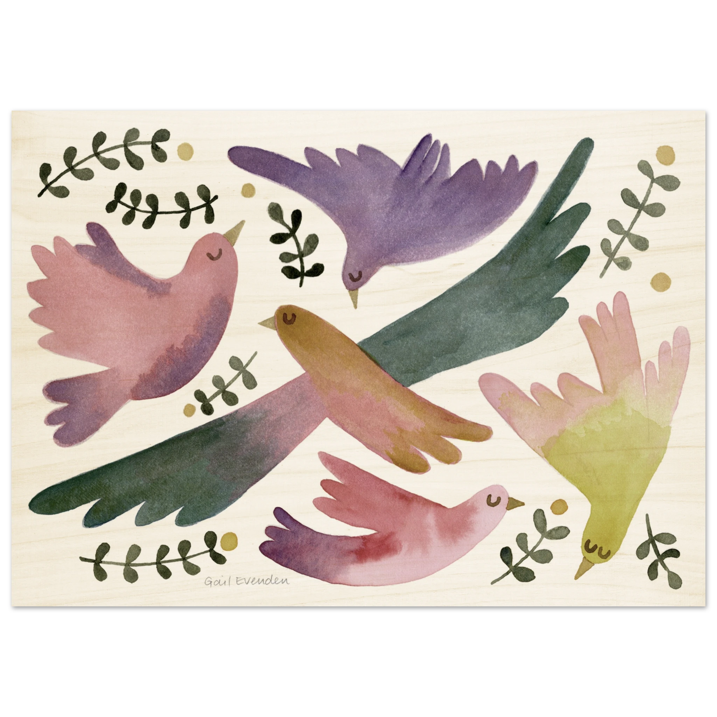 Birds in Spring botanical watercolour art print on birch wood panel by Australian artist Gail Evenden