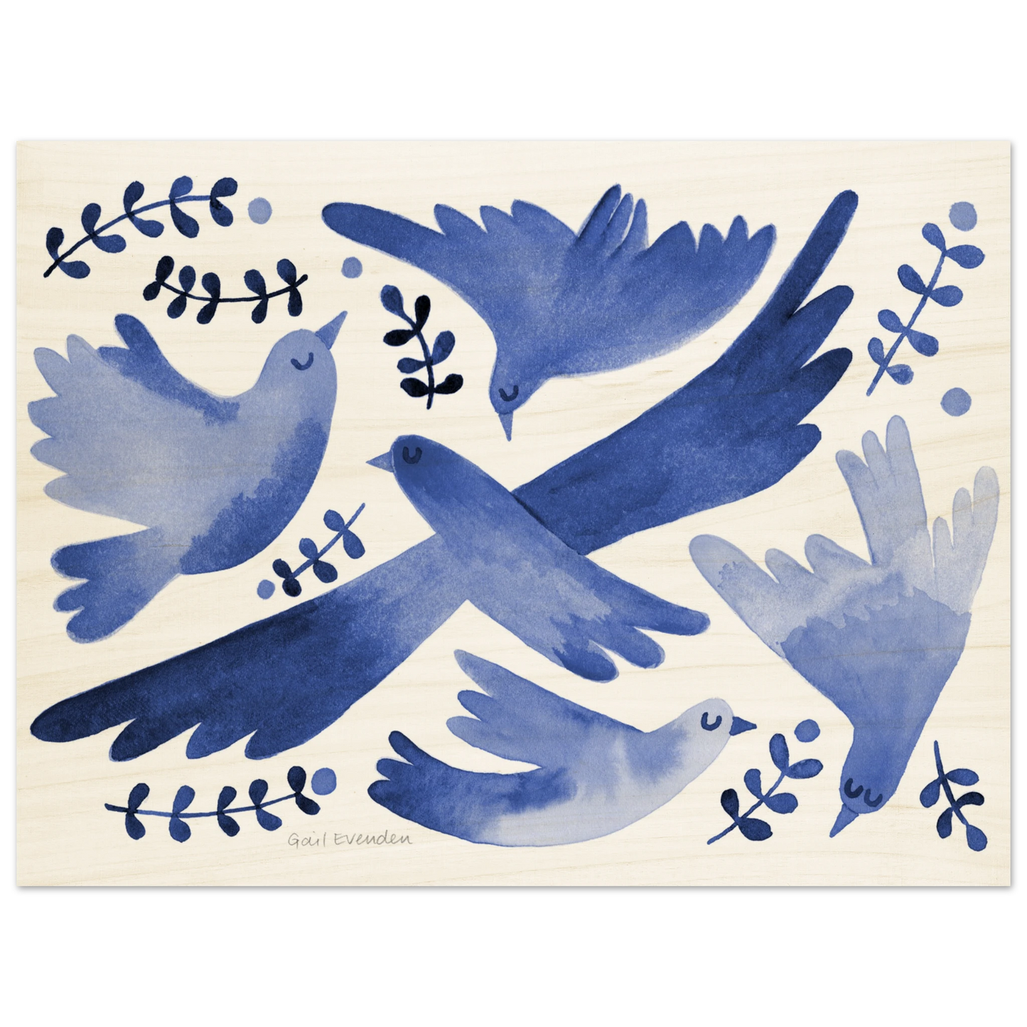 Birds in Spring botanical watercolour art print on birch wood panel by Australian artist Gail Evenden