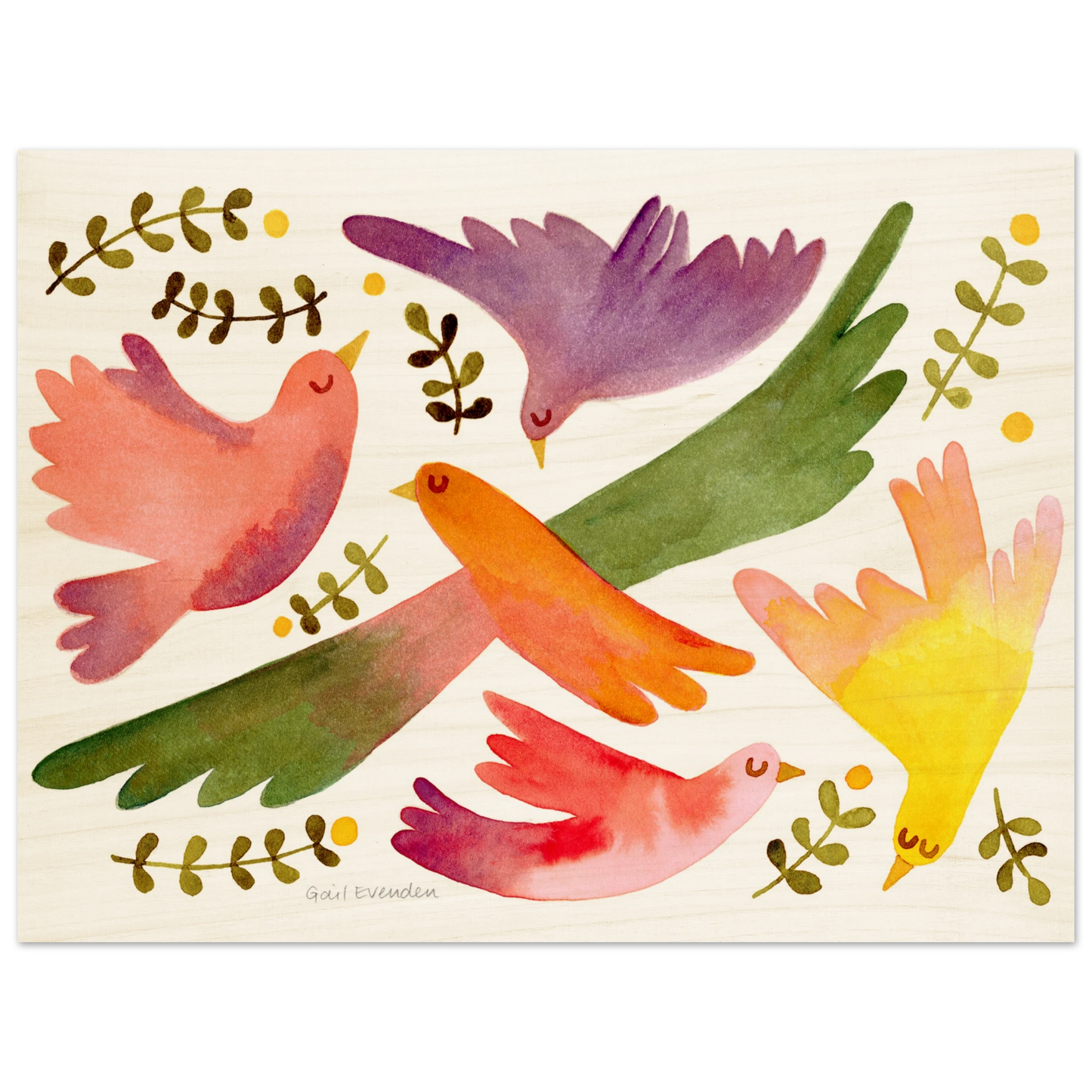 Birds in Spring botanical watercolour art print on birch wood panel by Australian artist Gail Evenden