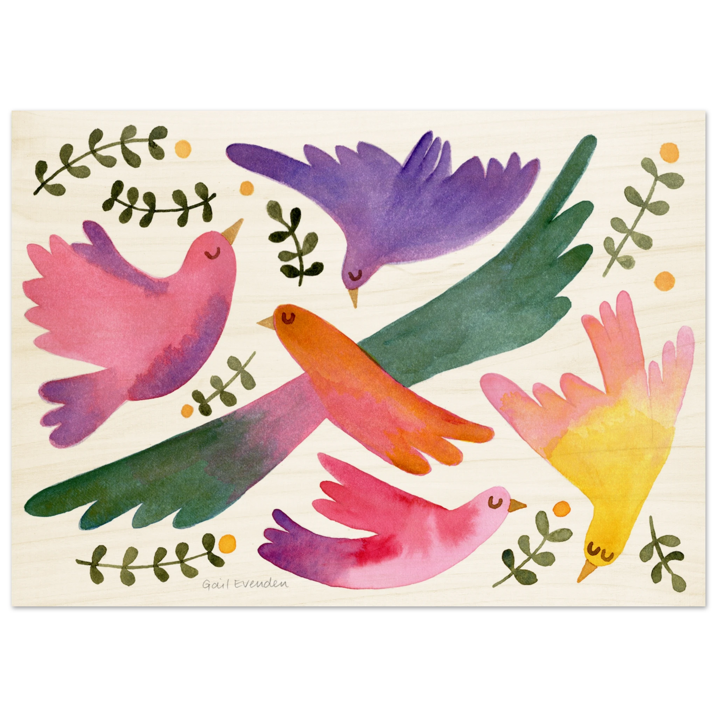 Birds in Spring botanical watercolour art print on birch wood panel by Australian artist Gail Evenden