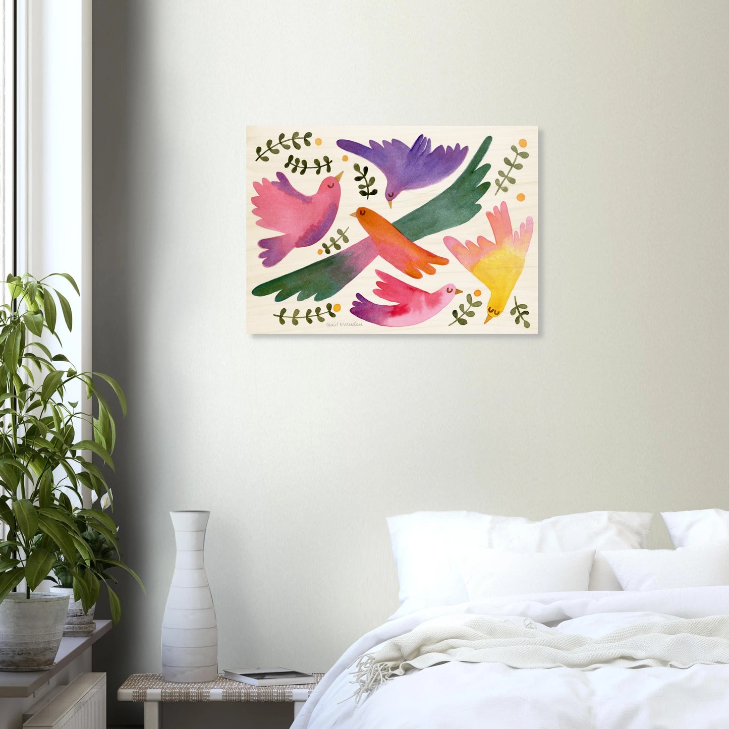 Birds in Spring botanical watercolour art print on birch wood panel by Australian artist Gail Evenden