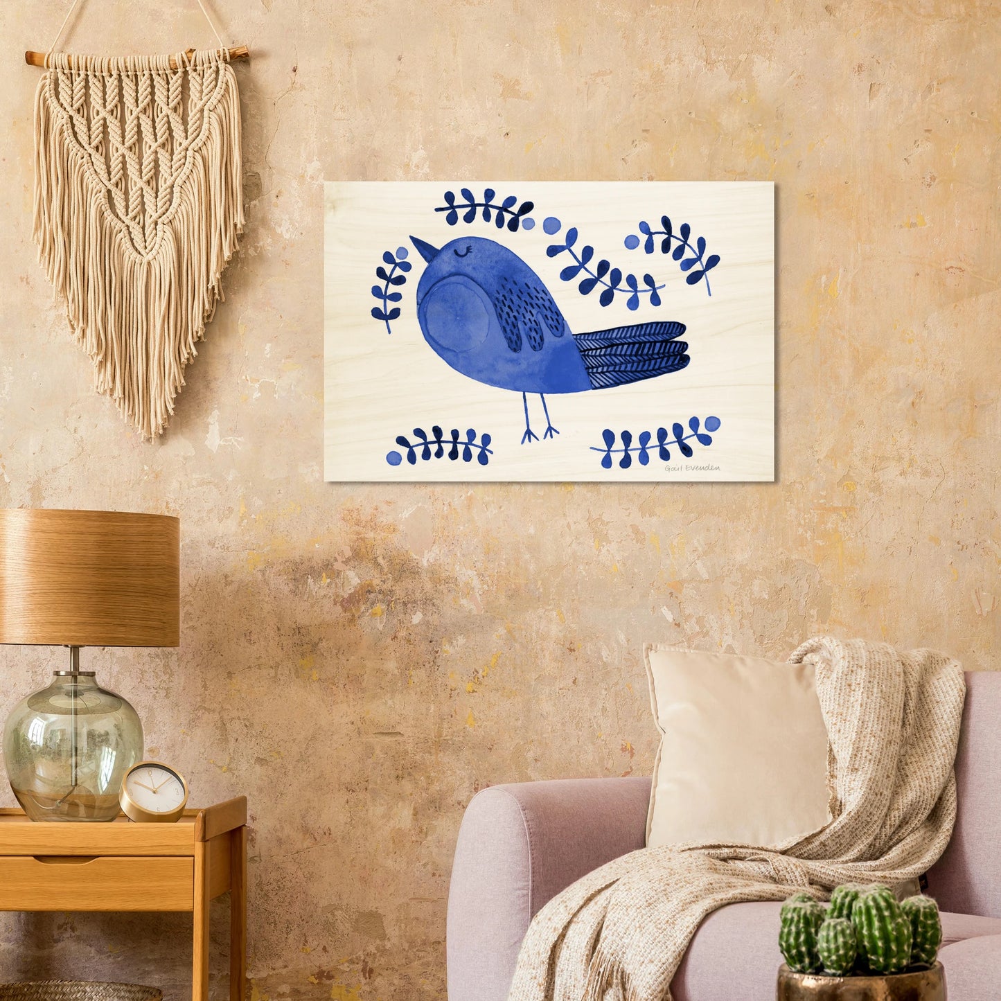 Christmas Pudding Robin festive watercolour art print on wood panel by Gail Evenden