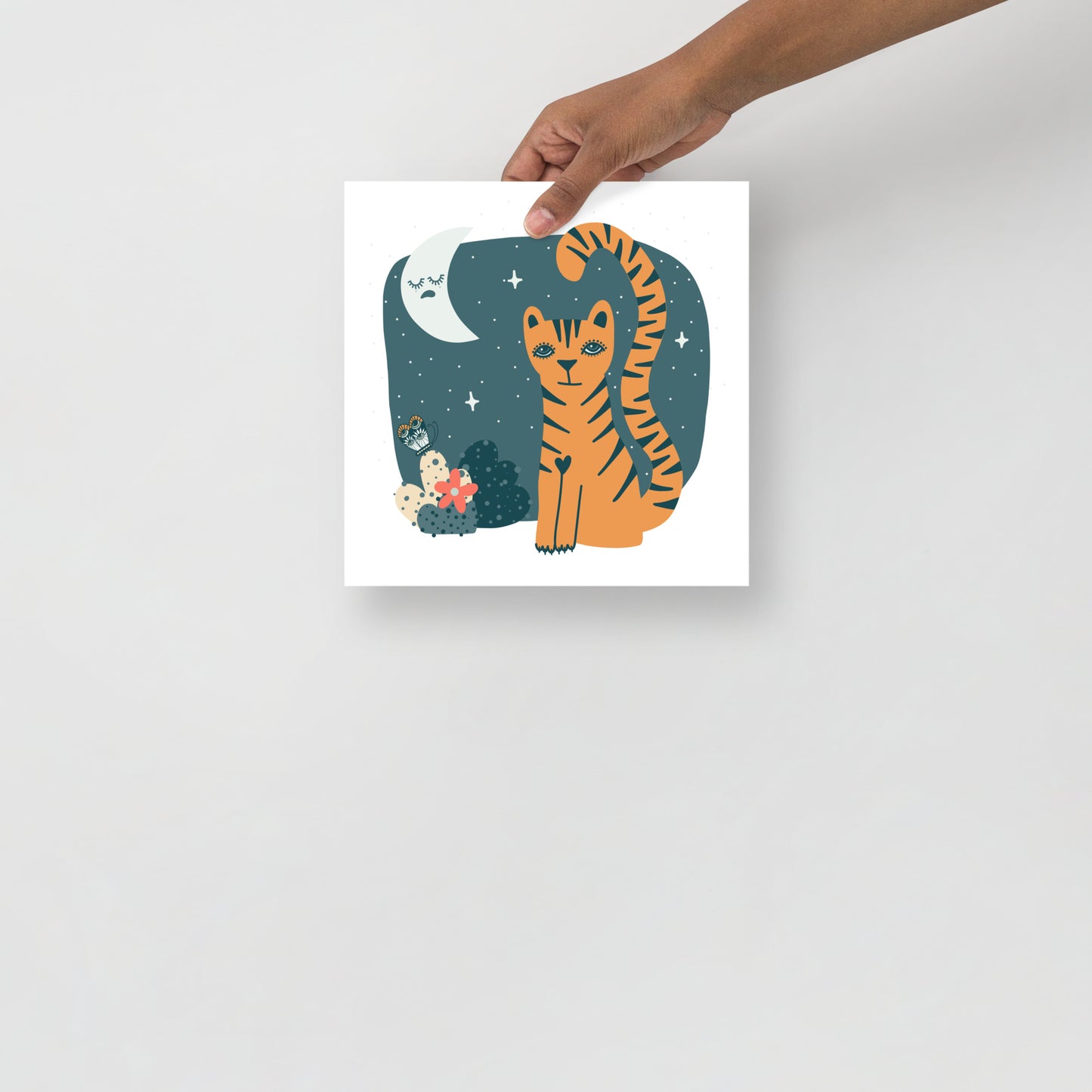 Tigress and Butterfly share secrets with the Moon Art Print, Muted Colours