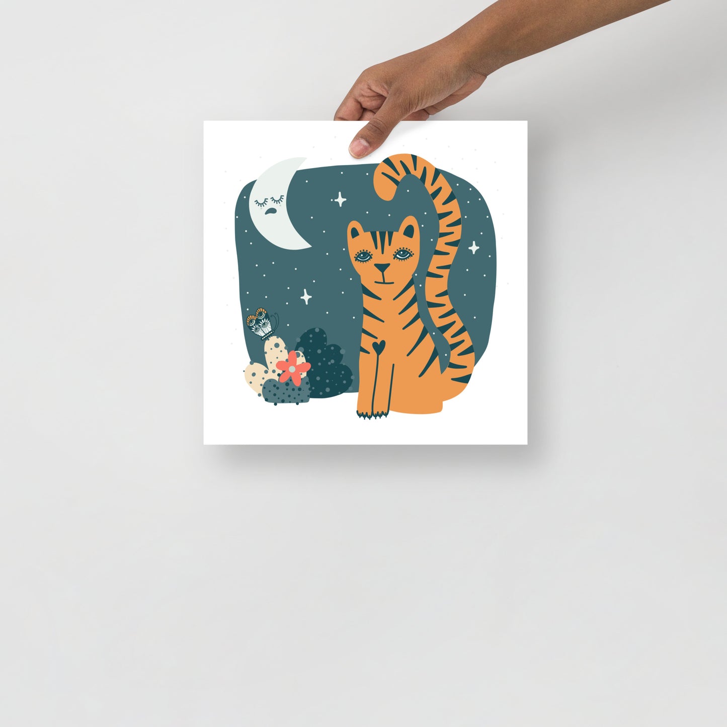 Tigress and Butterfly share secrets with the Moon Art Print, Muted Colours