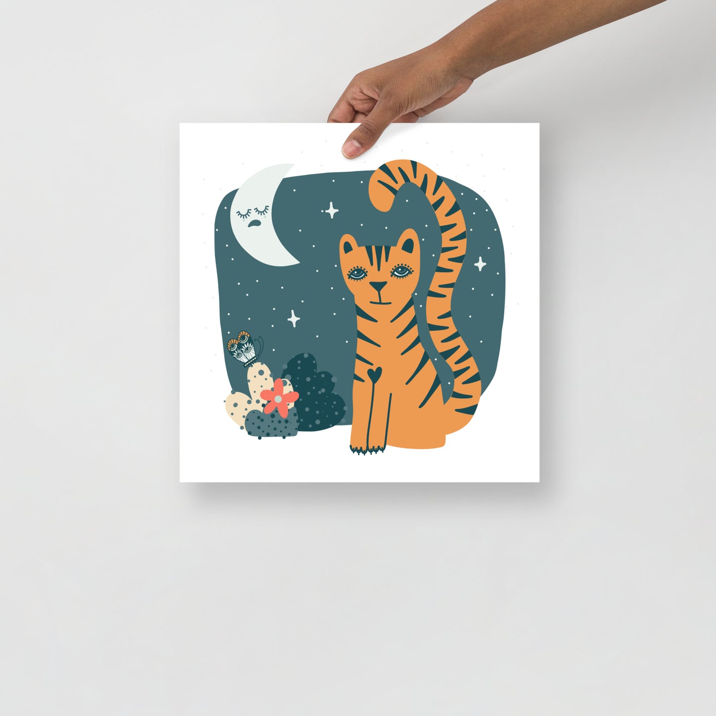 Tigress and Butterfly share secrets with the Moon Art Print, Muted Colours