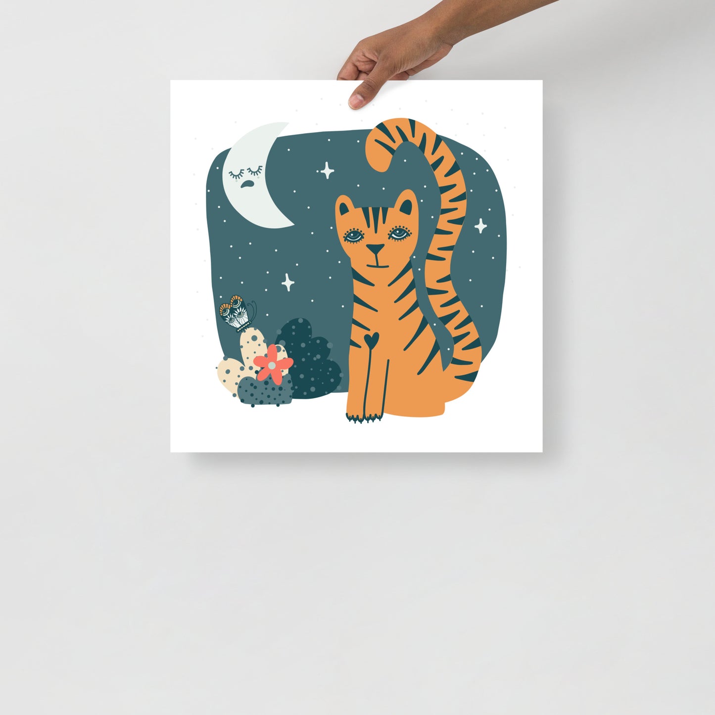 Tigress and Butterfly share secrets with the Moon Art Print, Muted Colours