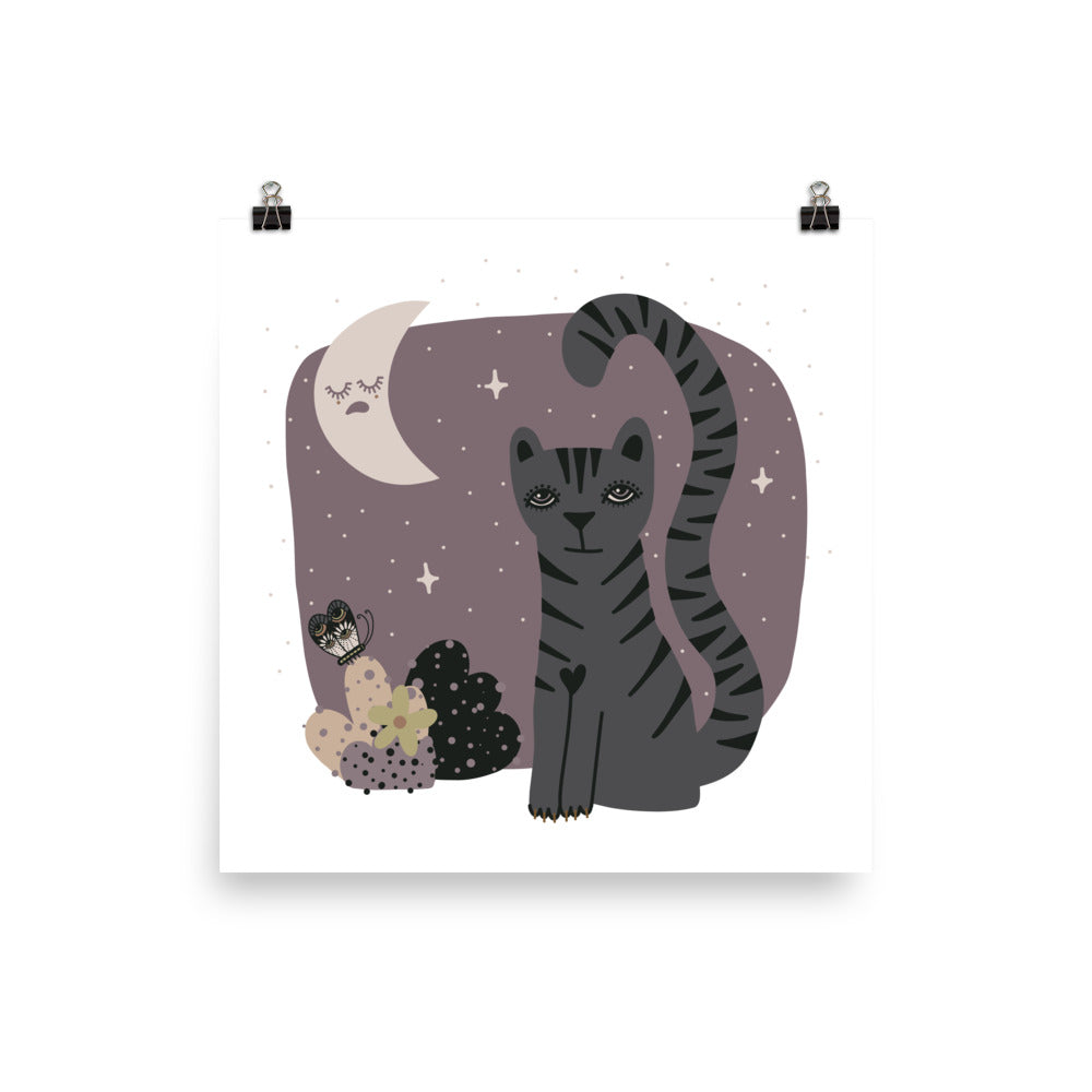 Tigress and Butterfly share secrets with the Moon Art Print, Neutral Colours