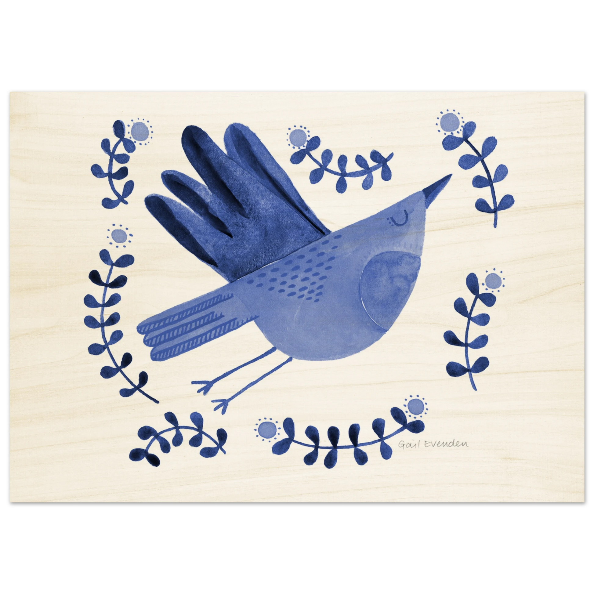 Exalted Robin whimsical watercolour art print on wood panel by Australian artist Gail Evenden