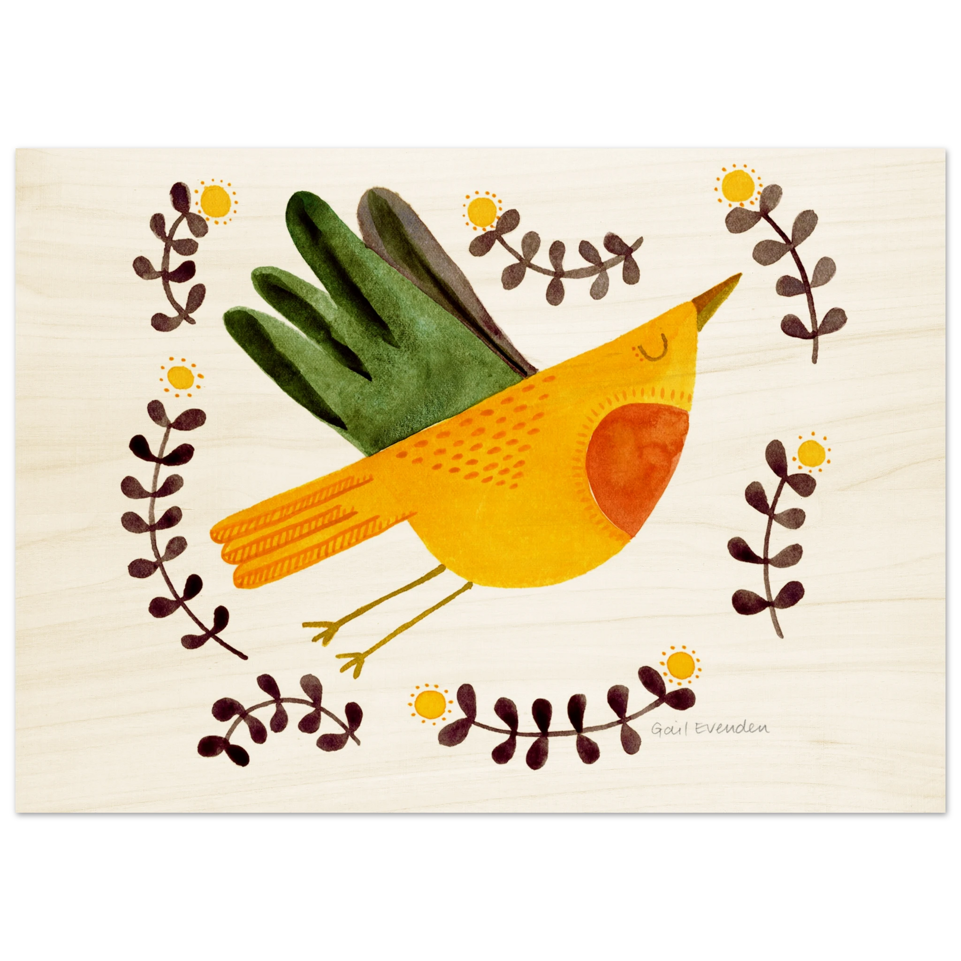 Exalted Robin whimsical watercolour art print on wood panel by Australian artist Gail Evenden