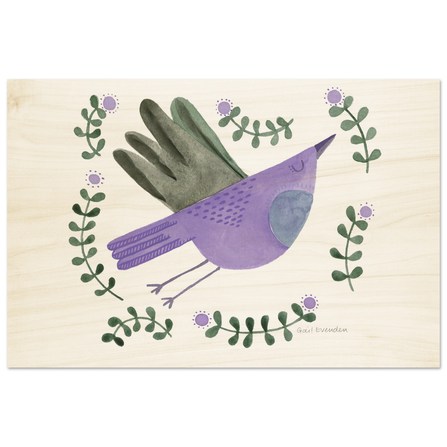 Exalted Robin whimsical watercolour art print on wood panel by Australian artist Gail Evenden