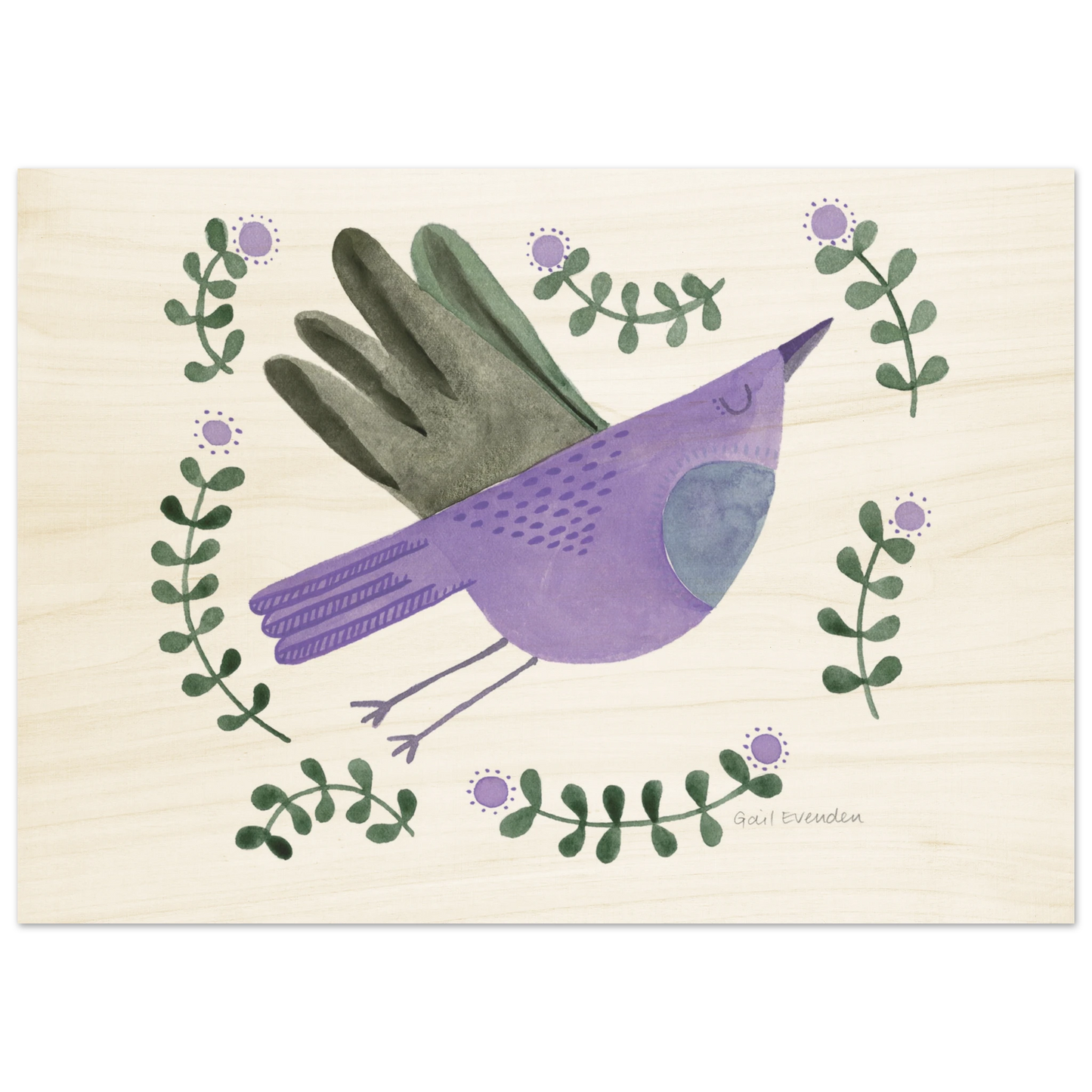 Exalted Robin whimsical watercolour art print on wood panel by Australian artist Gail Evenden