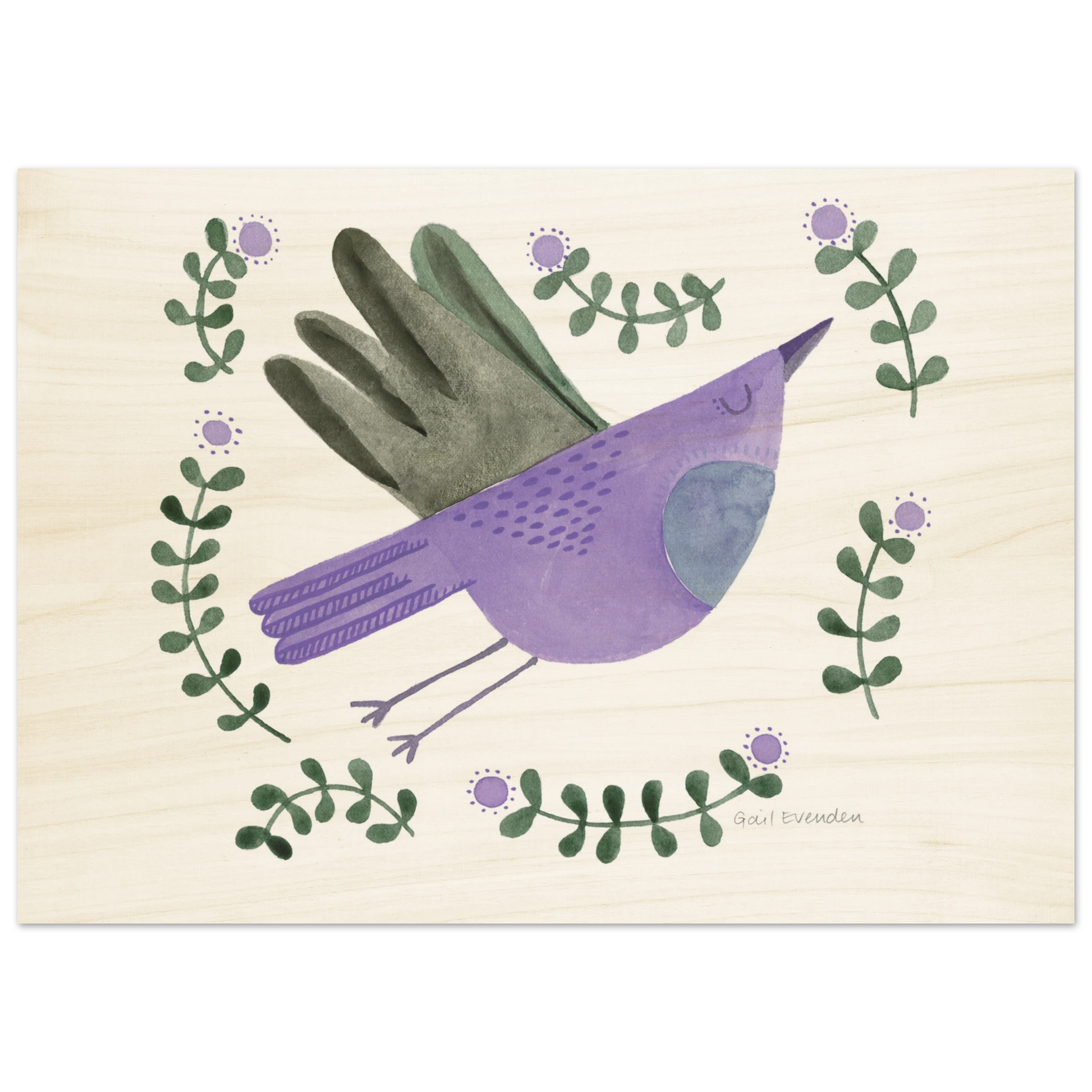 Exalted Robin whimsical watercolour art print on wood panel by Australian artist Gail Evenden