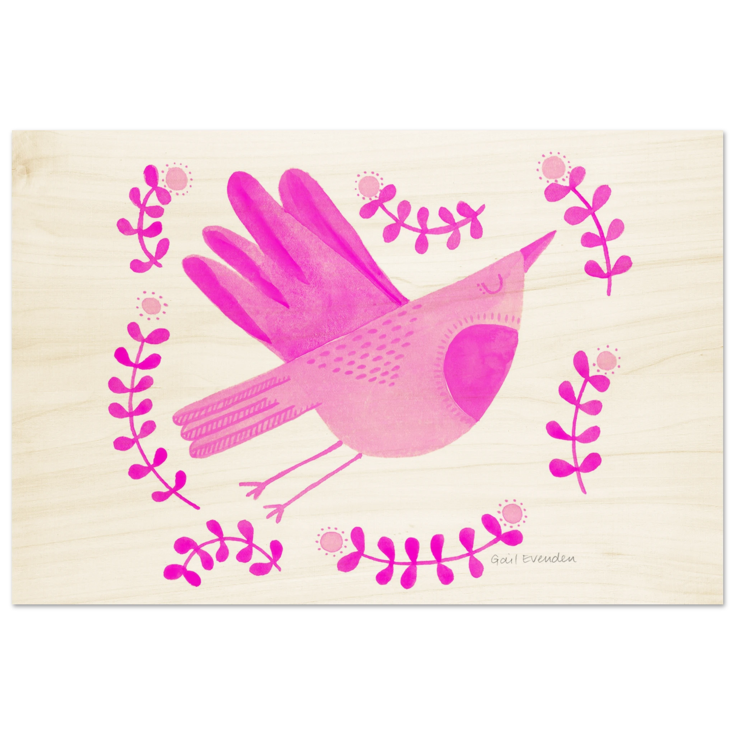 Exalted Robin whimsical watercolour art print on wood panel by Australian artist Gail Evenden