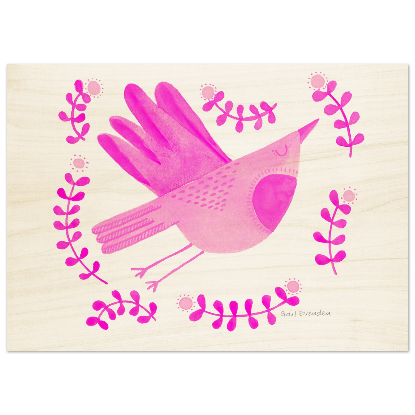 Exalted Robin whimsical watercolour art print on wood panel by Australian artist Gail Evenden