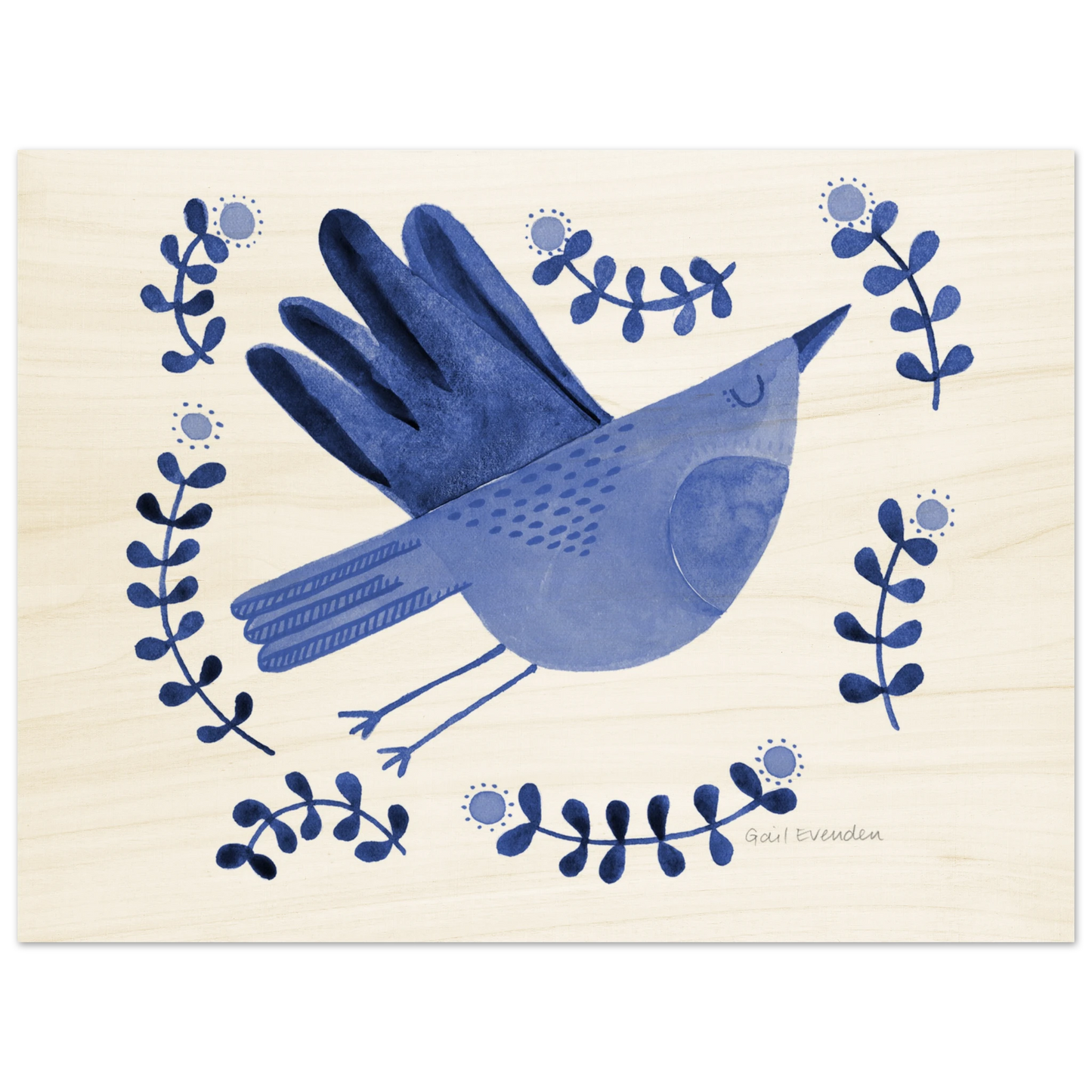 Exalted Robin whimsical watercolour art print on wood panel by Australian artist Gail Evenden