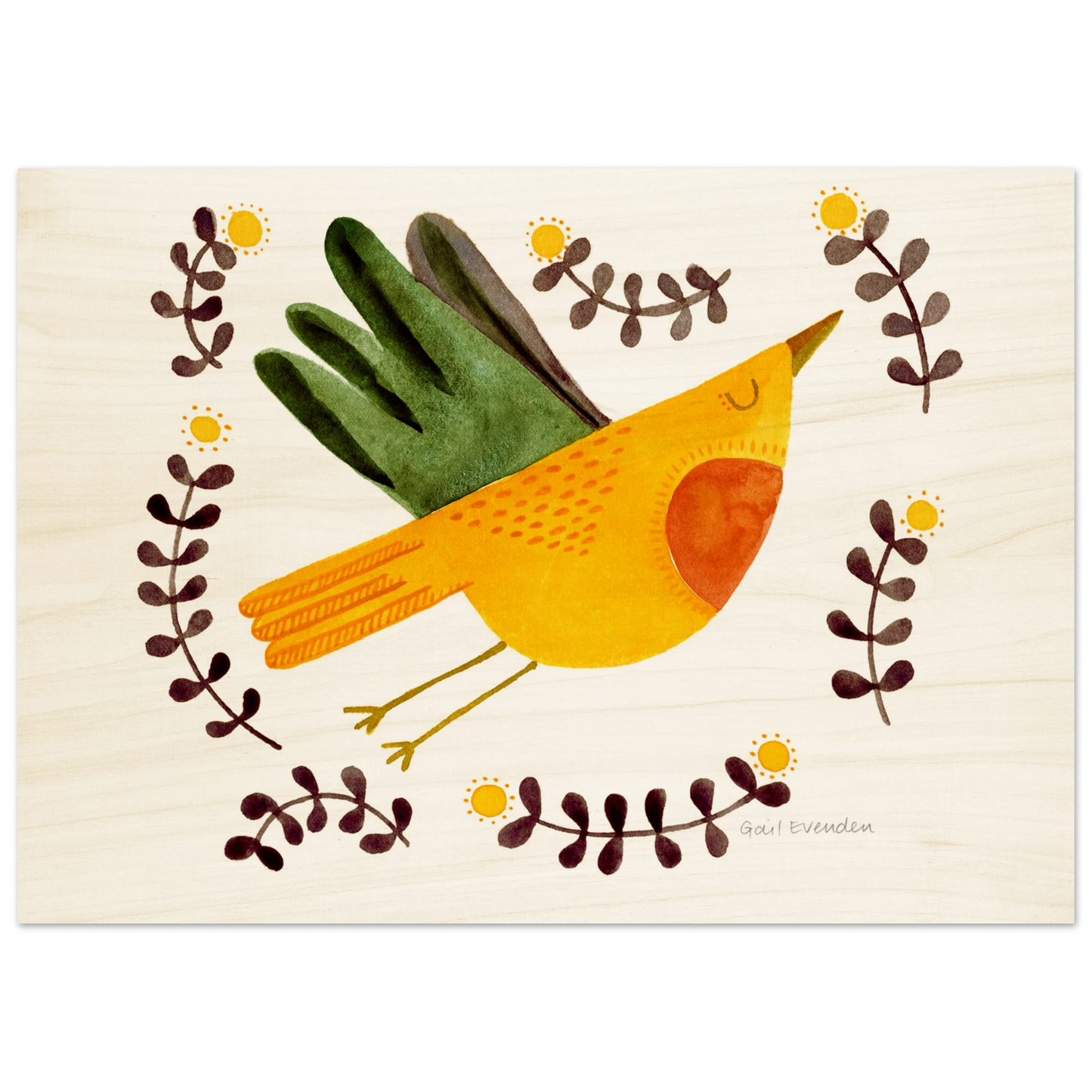 Exalted Robin whimsical watercolour art print on wood panel by Australian artist Gail Evenden