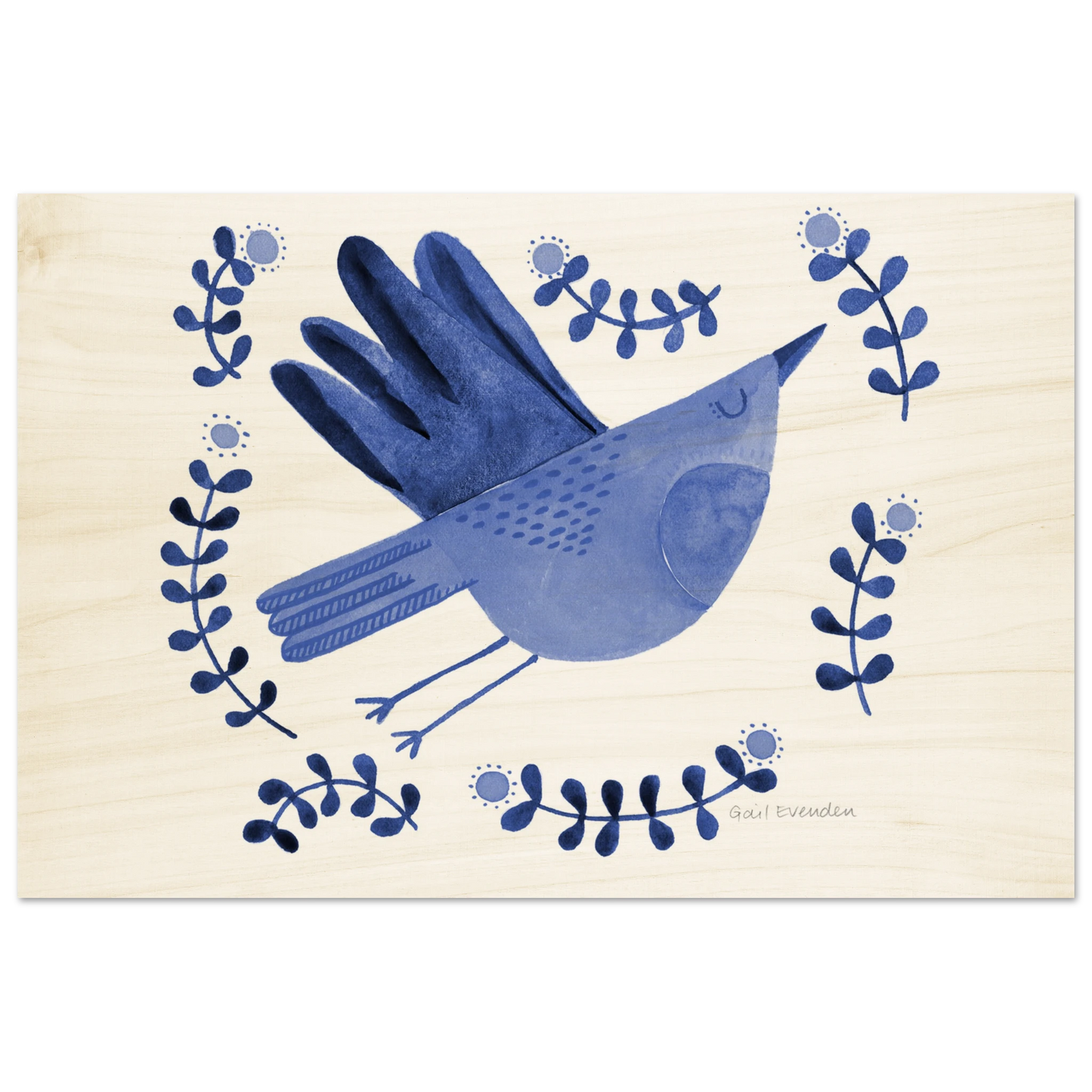 Exalted Robin whimsical watercolour art print on wood panel by Australian artist Gail Evenden