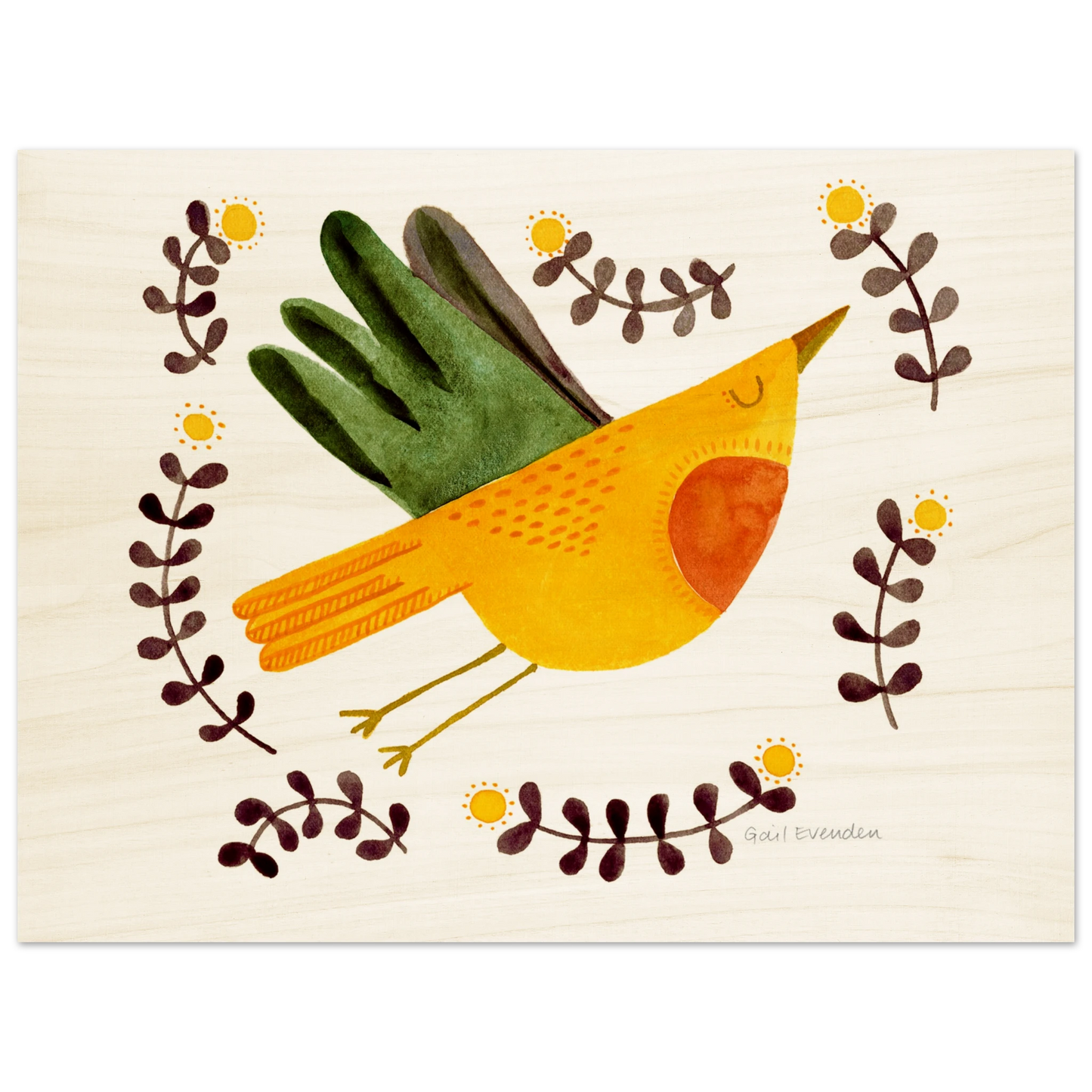 Exalted Robin whimsical watercolour art print on wood panel by Australian artist Gail Evenden