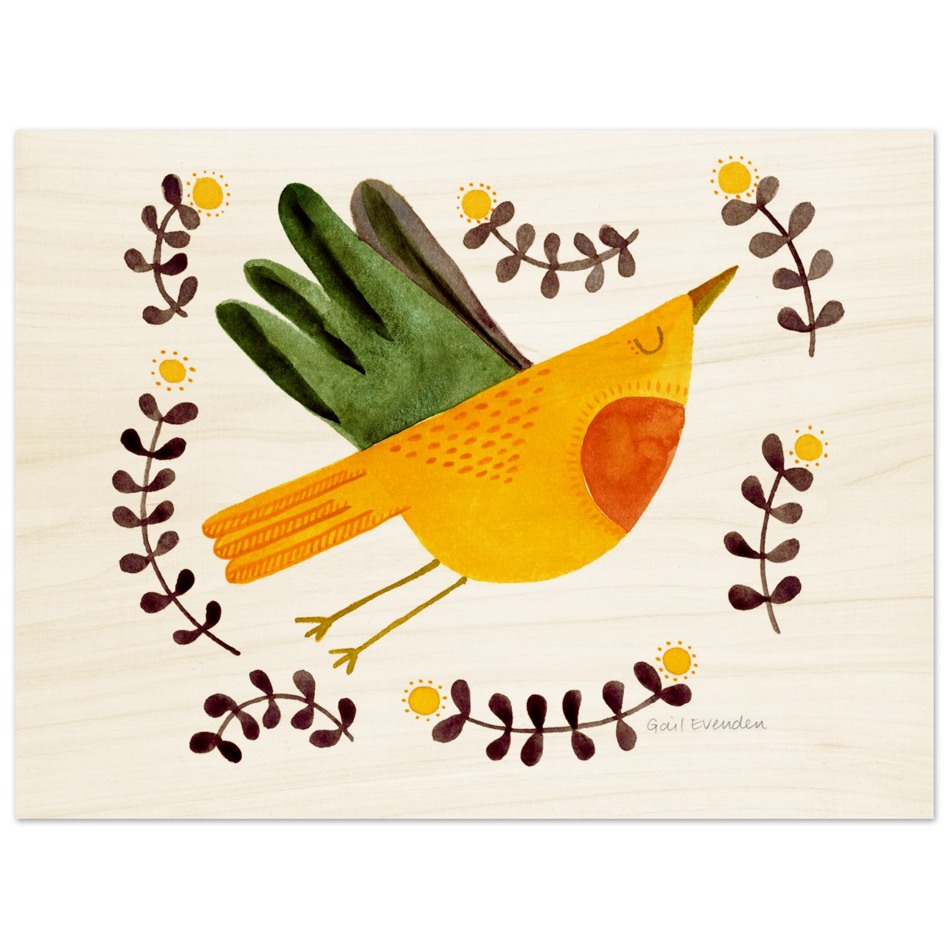 Exalted Robin whimsical watercolour art print on wood panel by Australian artist Gail Evenden