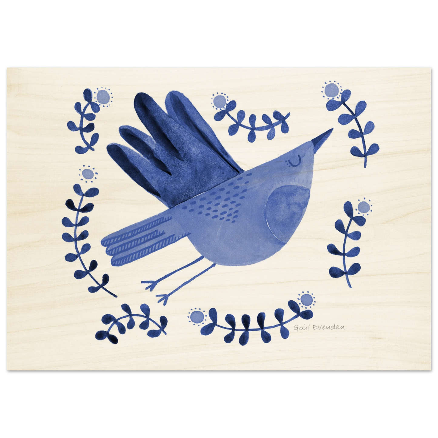 Exalted Robin whimsical watercolour art print on wood panel by Australian artist Gail Evenden