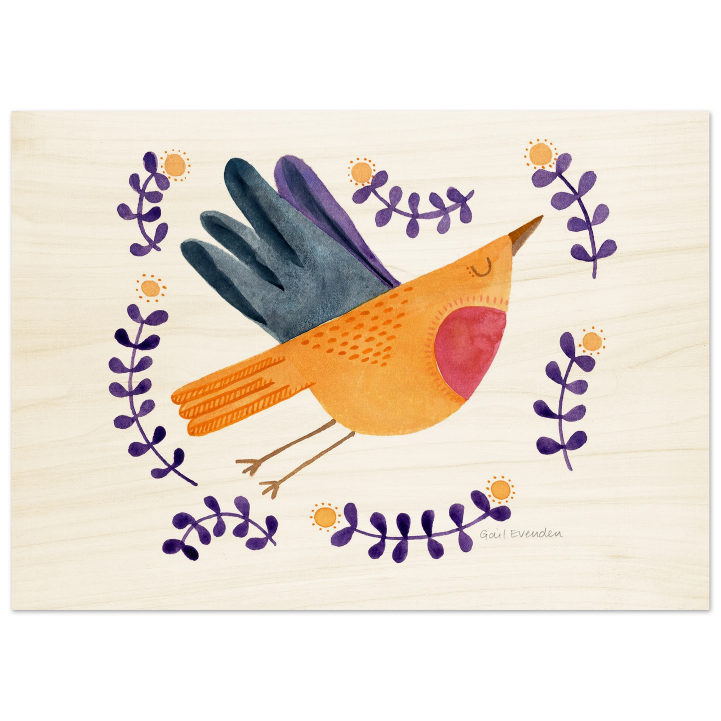 Exalted Robin whimsical watercolour art print on wood panel by Australian artist Gail Evenden