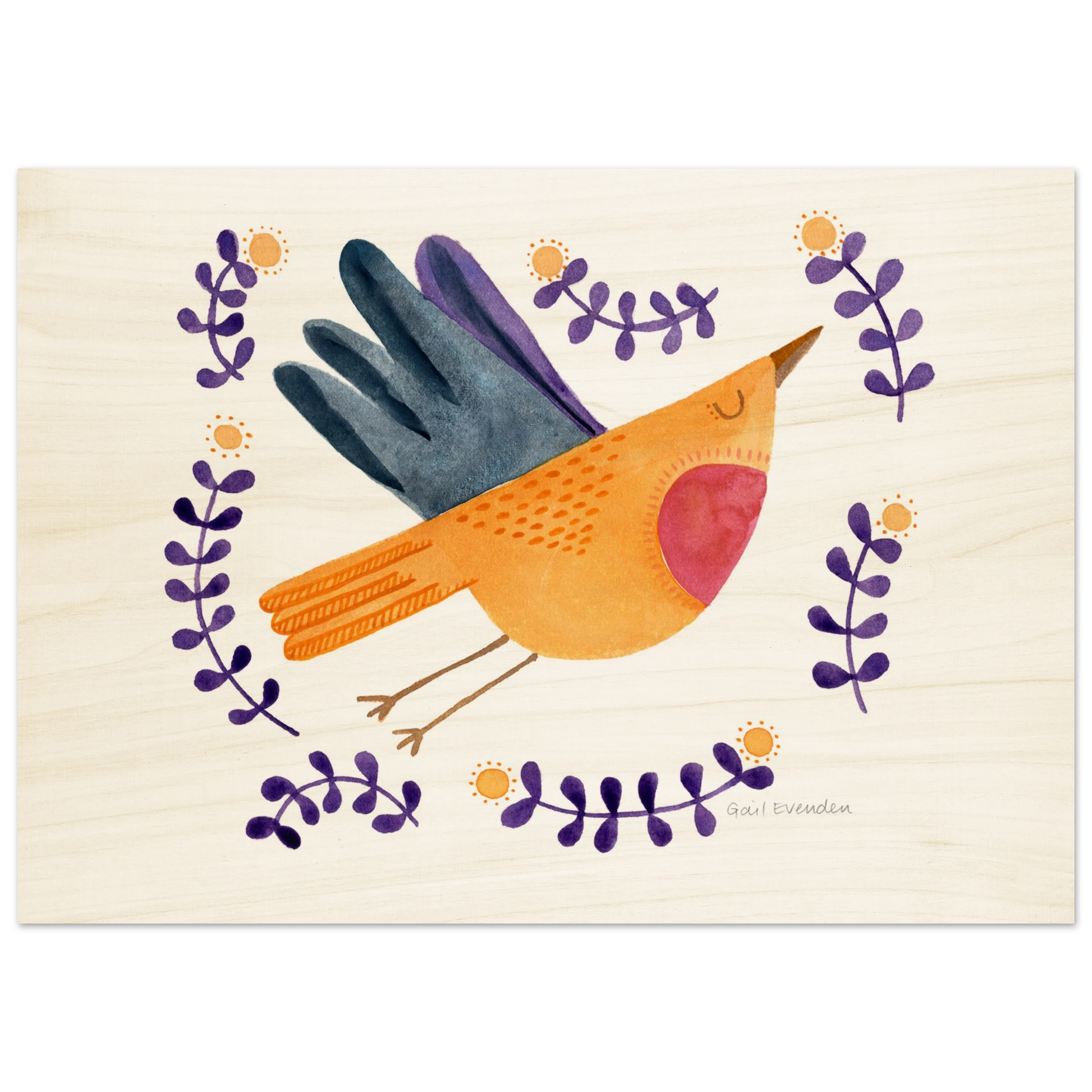 Exalted Robin whimsical watercolour art print on wood panel by Australian artist Gail Evenden