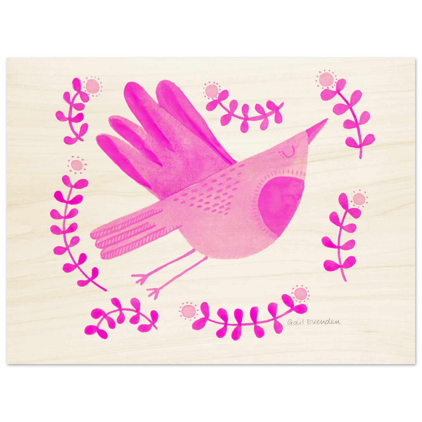 Exalted Robin whimsical watercolour art print on wood panel by Australian artist Gail Evenden