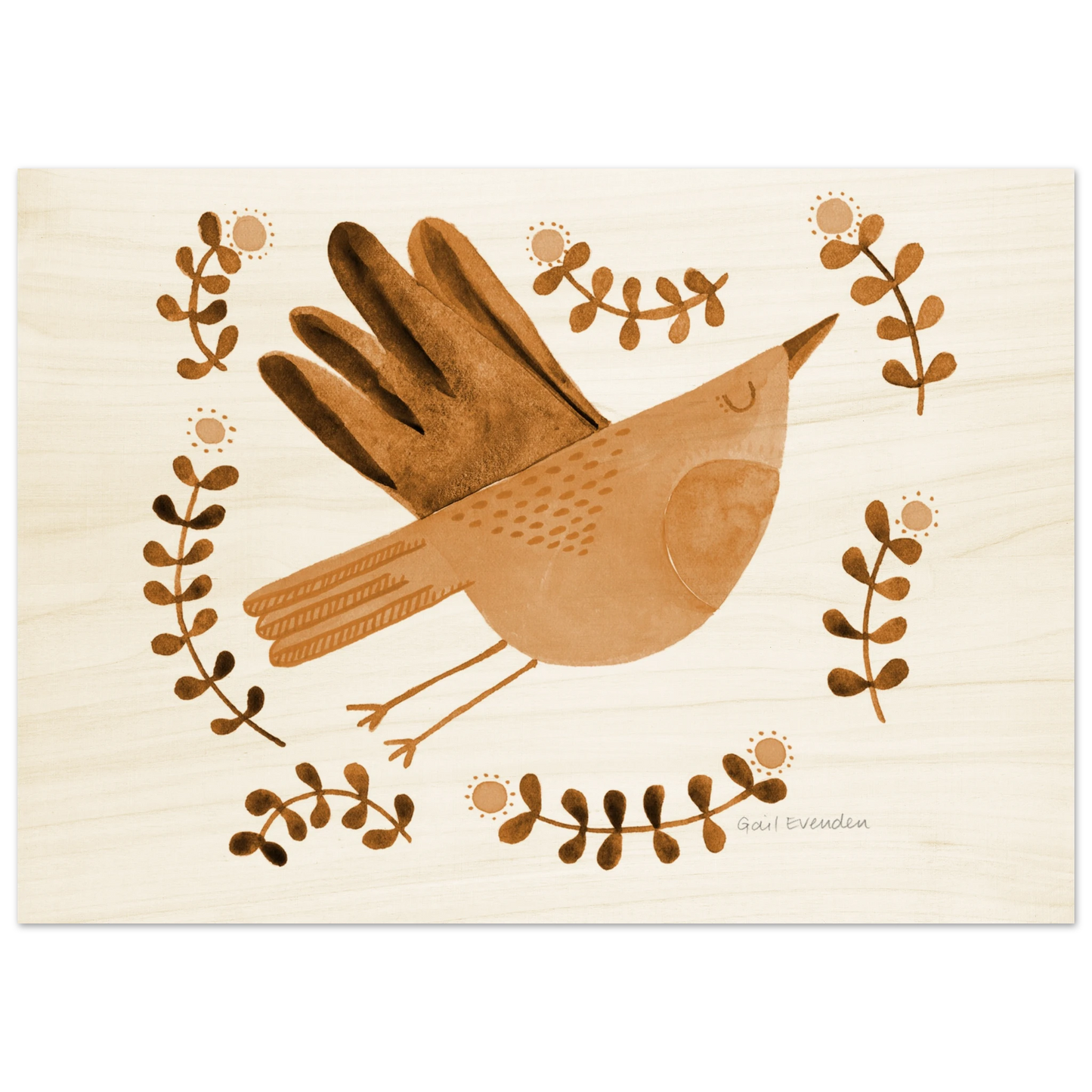 Exalted Robin whimsical watercolour art print on wood panel by Australian artist Gail Evenden