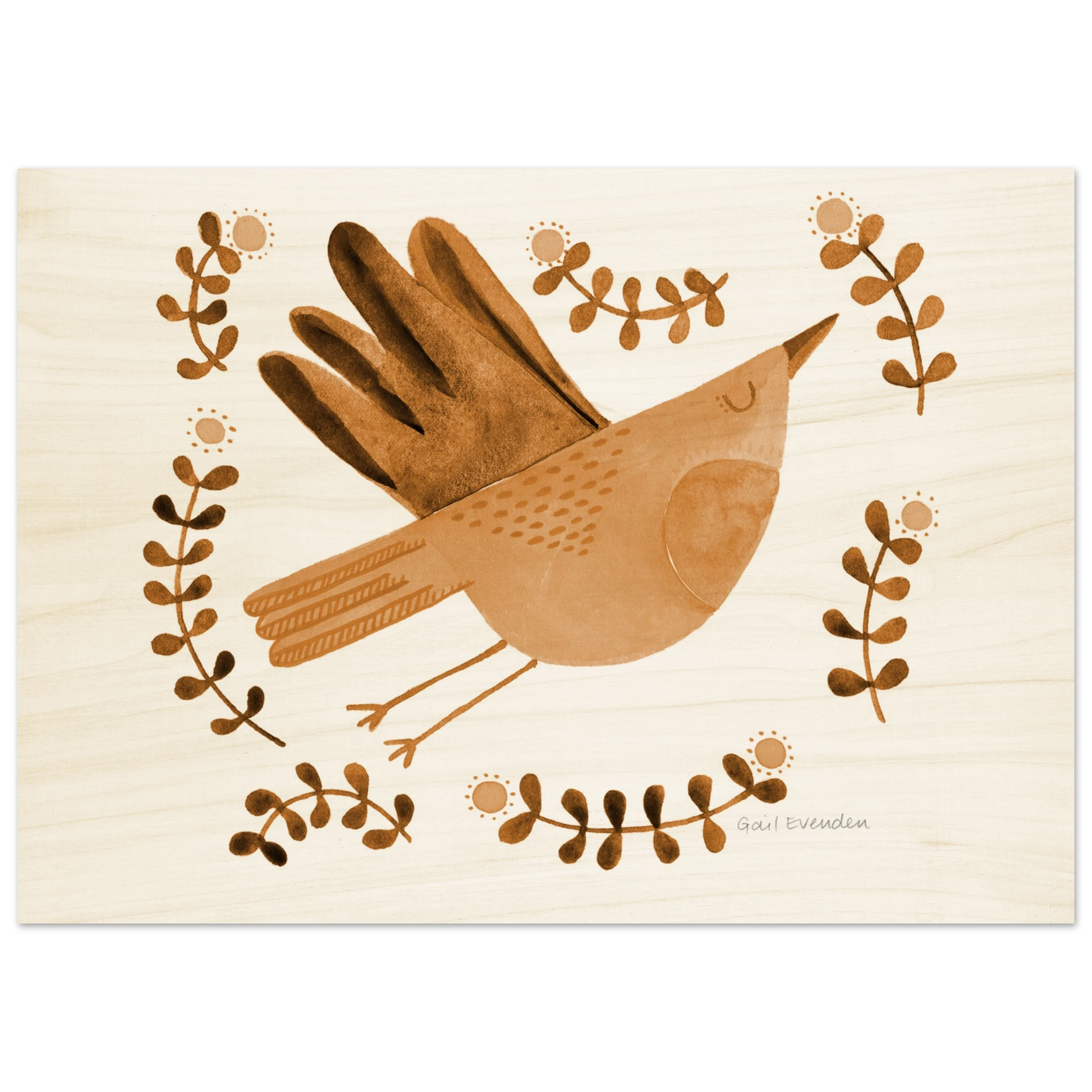 Exalted Robin whimsical watercolour art print on wood panel by Australian artist Gail Evenden