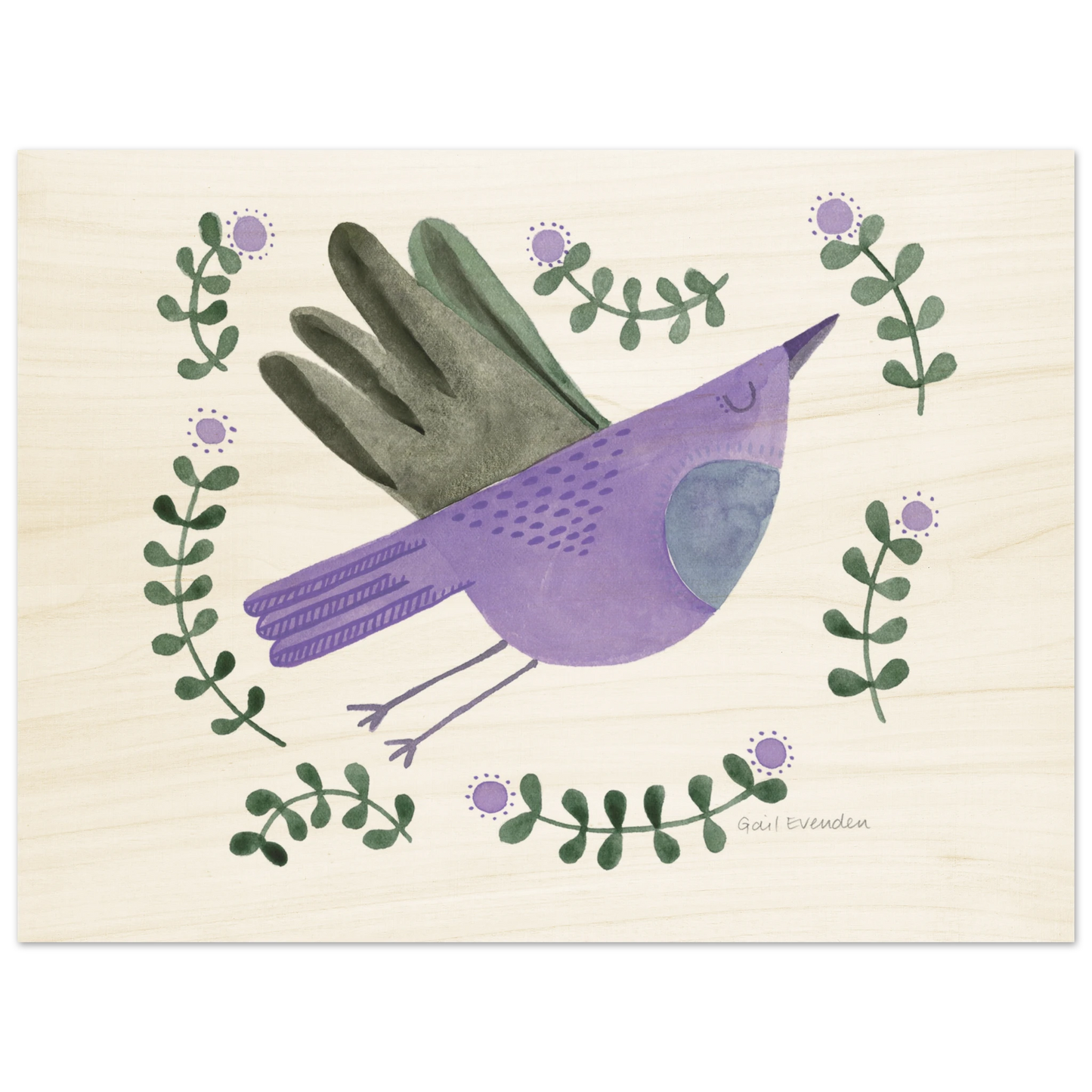 Exalted Robin whimsical watercolour art print on wood panel by Australian artist Gail Evenden