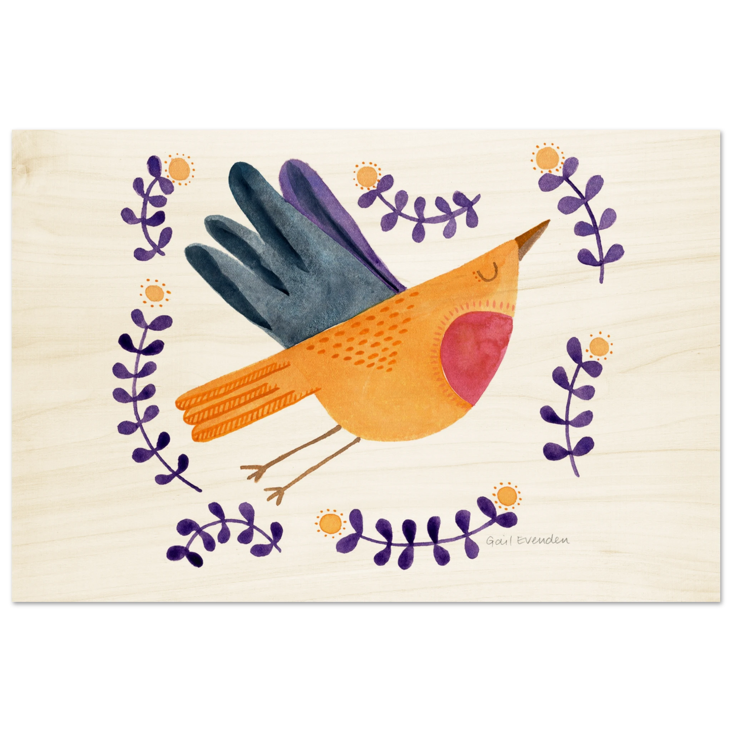 Exalted Robin whimsical watercolour art print on wood panel by Australian artist Gail Evenden