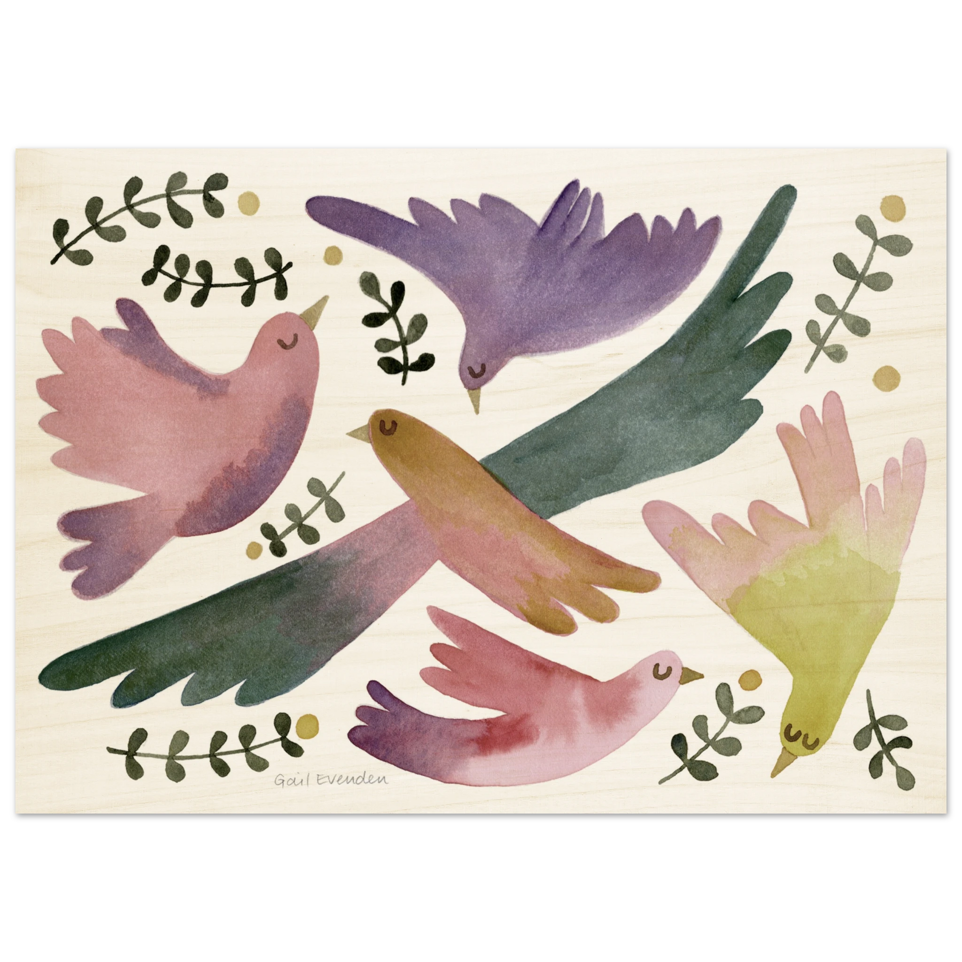 Birds in Spring botanical watercolour art print on birch wood panel by Australian artist Gail Evenden
