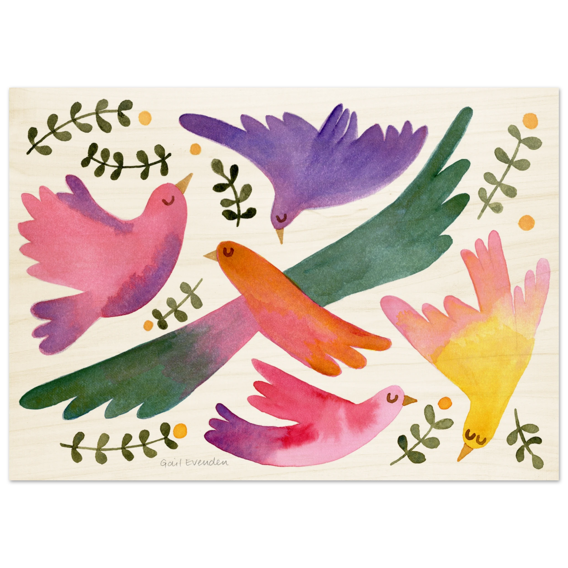 Birds in Spring botanical watercolour art print on birch wood panel by Australian artist Gail Evenden