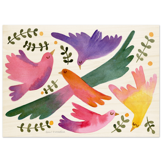 Birds in Spring botanical watercolour art print on birch wood panel by Australian artist Gail Evenden