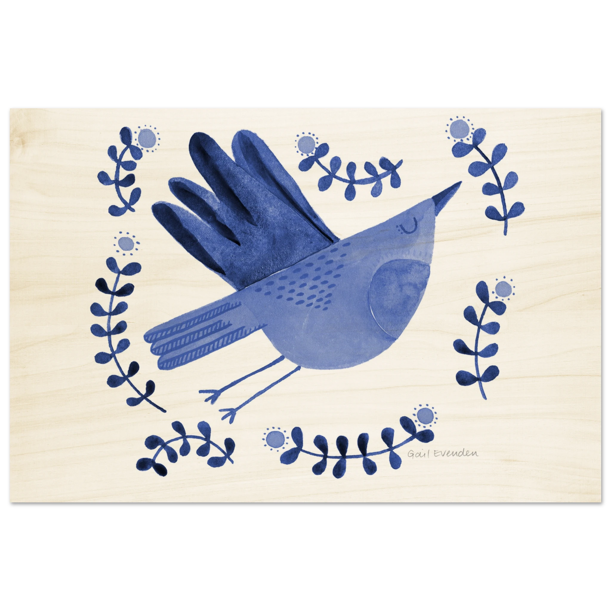 Exalted Robin whimsical watercolour art print on wood panel by Australian artist Gail Evenden