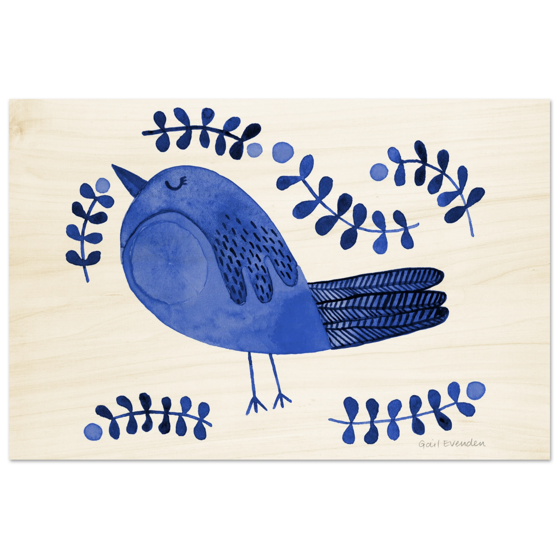 Christmas Pudding Robin festive watercolour art print on wood panel by Gail Evenden