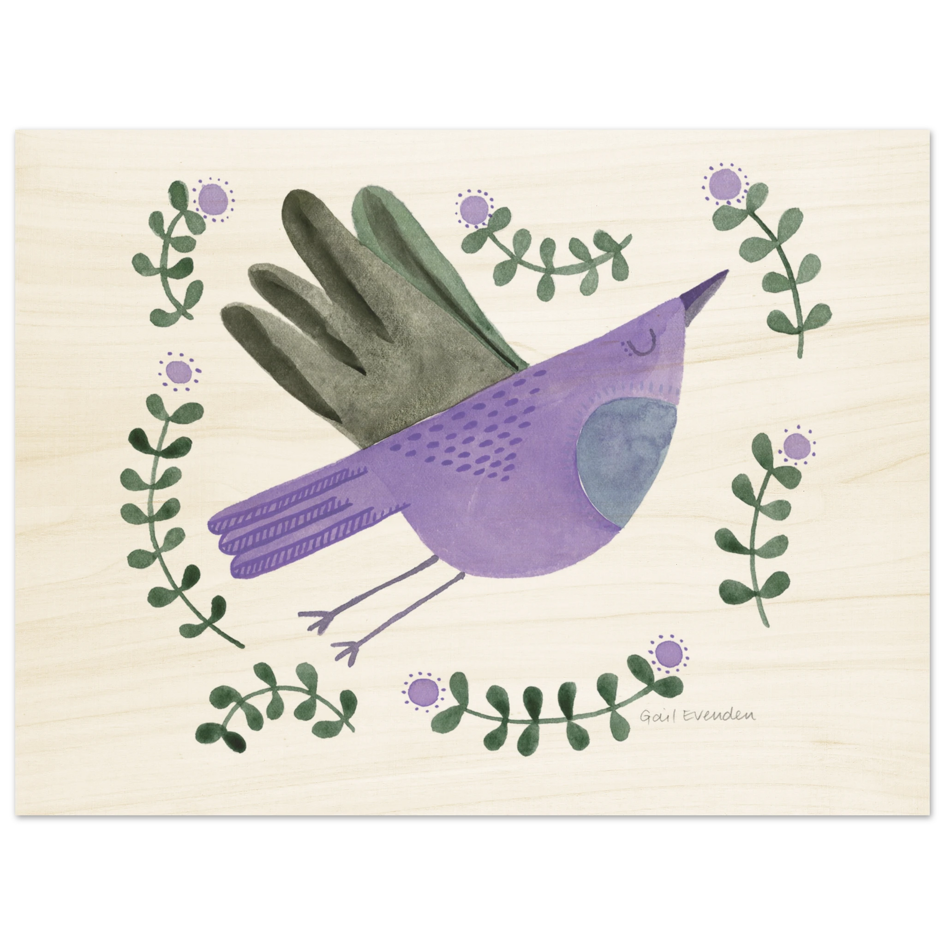 Exalted Robin whimsical watercolour art print on wood panel by Australian artist Gail Evenden