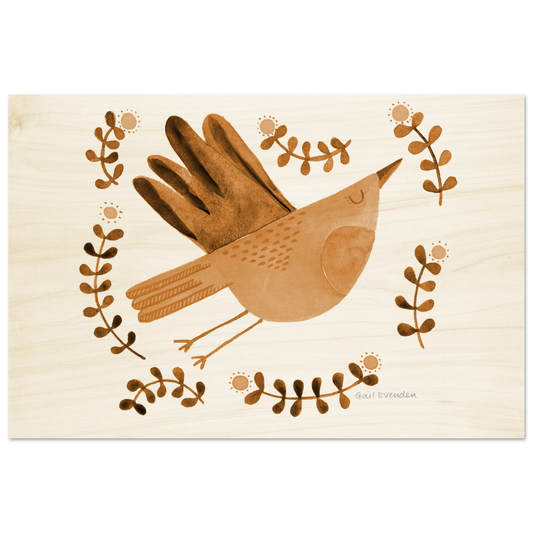 Exalted Robin whimsical watercolour art print on wood panel by Australian artist Gail Evenden