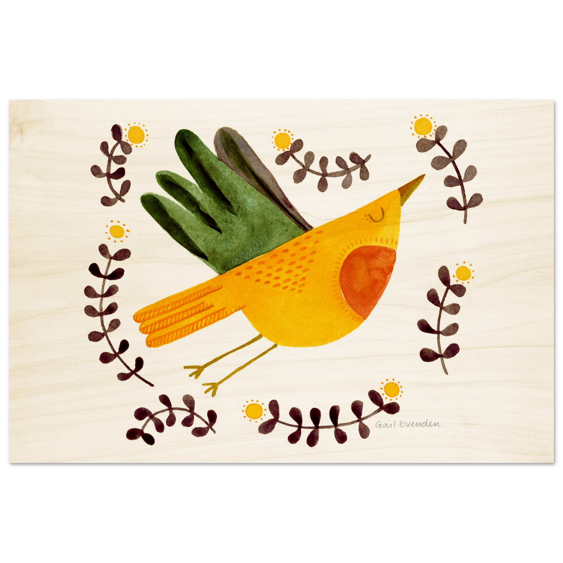 Exalted Robin whimsical watercolour art print on wood panel by Australian artist Gail Evenden