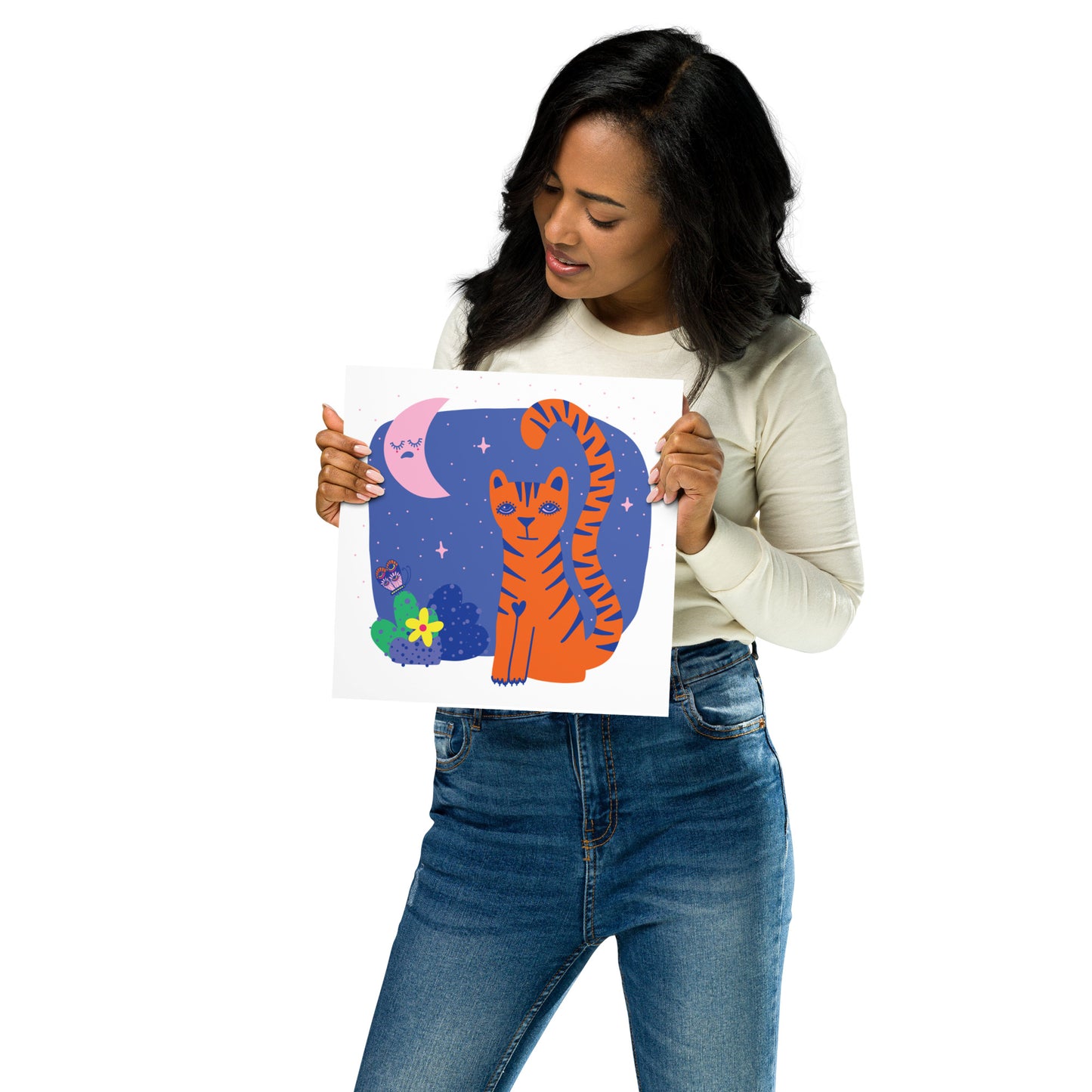 Tigress and Butterfly share secrets with the Moon Art Print, Bright Colours