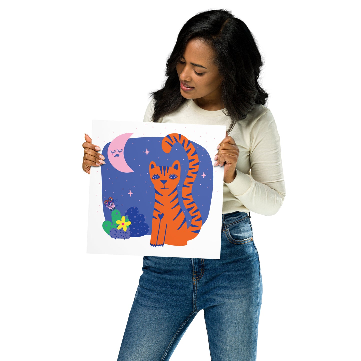 Tigress and Butterfly share secrets with the Moon Art Print, Bright Colours