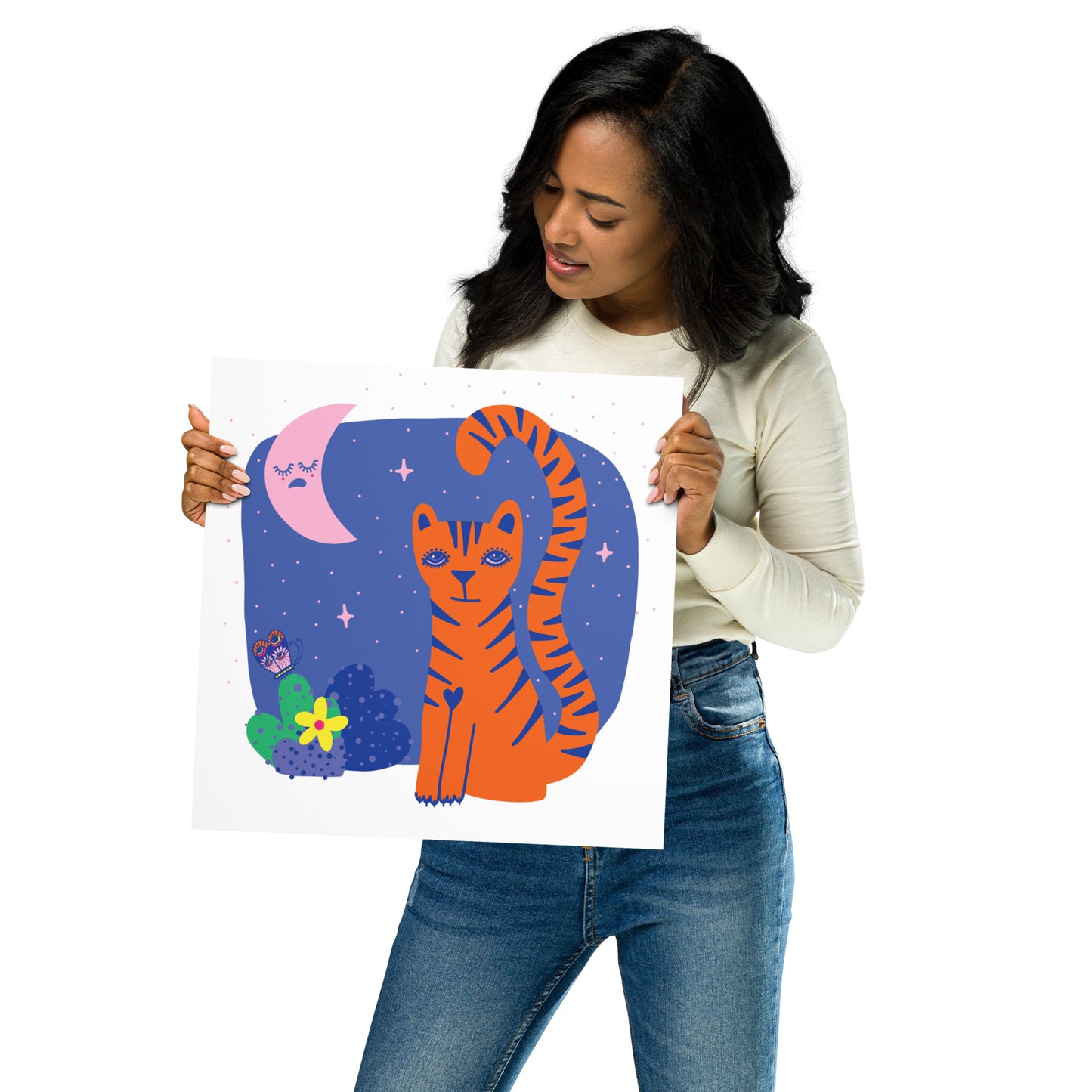 Tigress and Butterfly share secrets with the Moon Art Print, Bright Colours