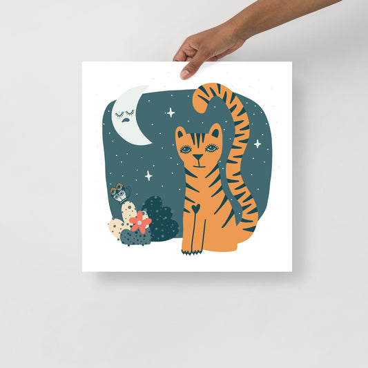 Tigress and Butterfly share secrets with the Moon Art Print, Muted Colours
