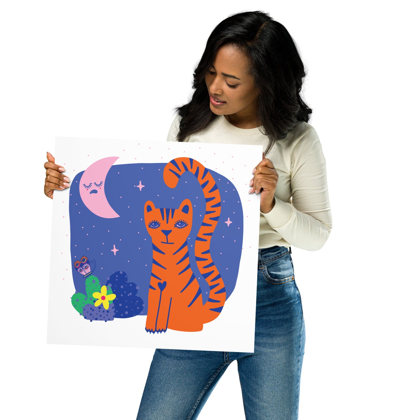 Tigress and Butterfly share secrets with the Moon Art Print, Bright Colours
