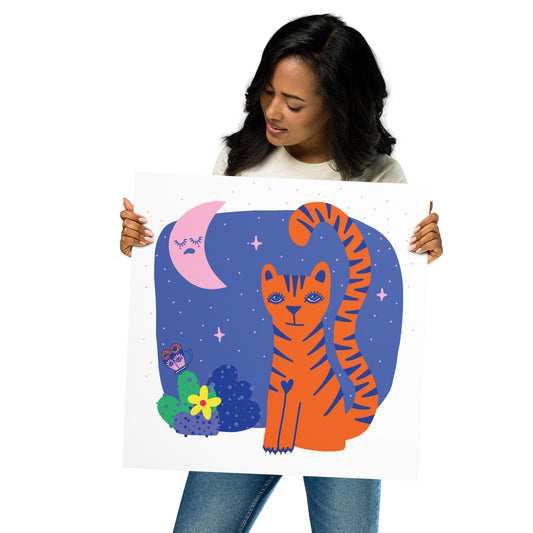 Tigress and Butterfly share secrets with the Moon Art Print, Bright Colours