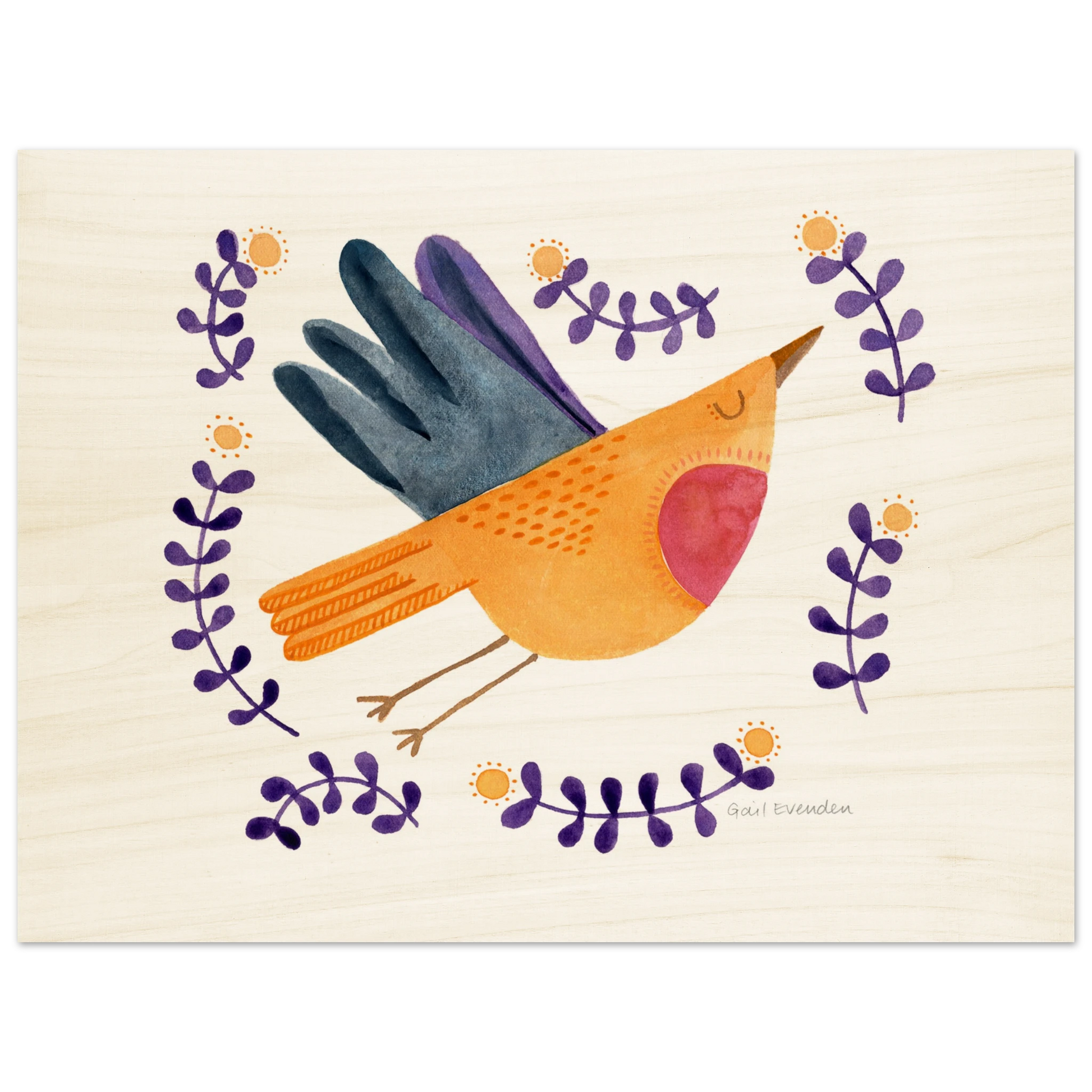 Exalted Robin whimsical watercolour art print on wood panel by Australian artist Gail Evenden