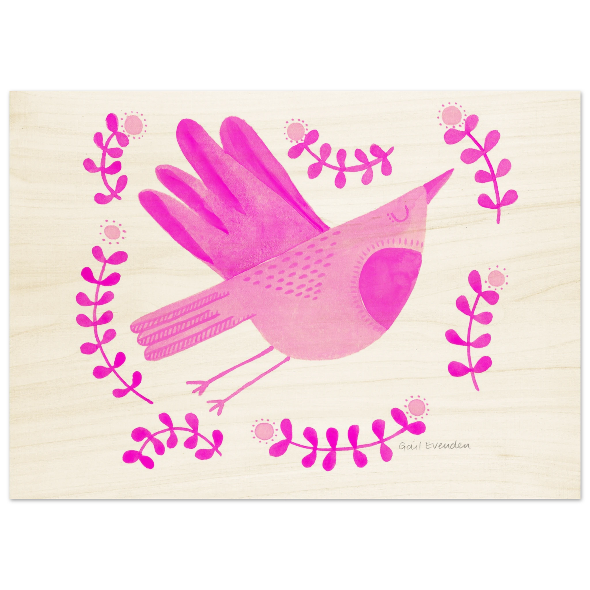 Exalted Robin whimsical watercolour art print on wood panel by Australian artist Gail Evenden