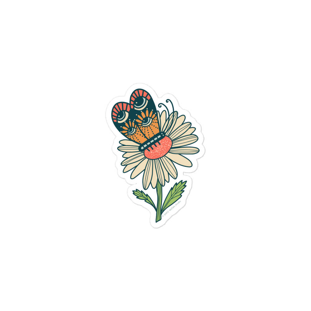 Kiss Cut Sticker: Butterfly Shares Secrets of the Forest with Daisy in Exchange for Pollen - Gail's Design Studio