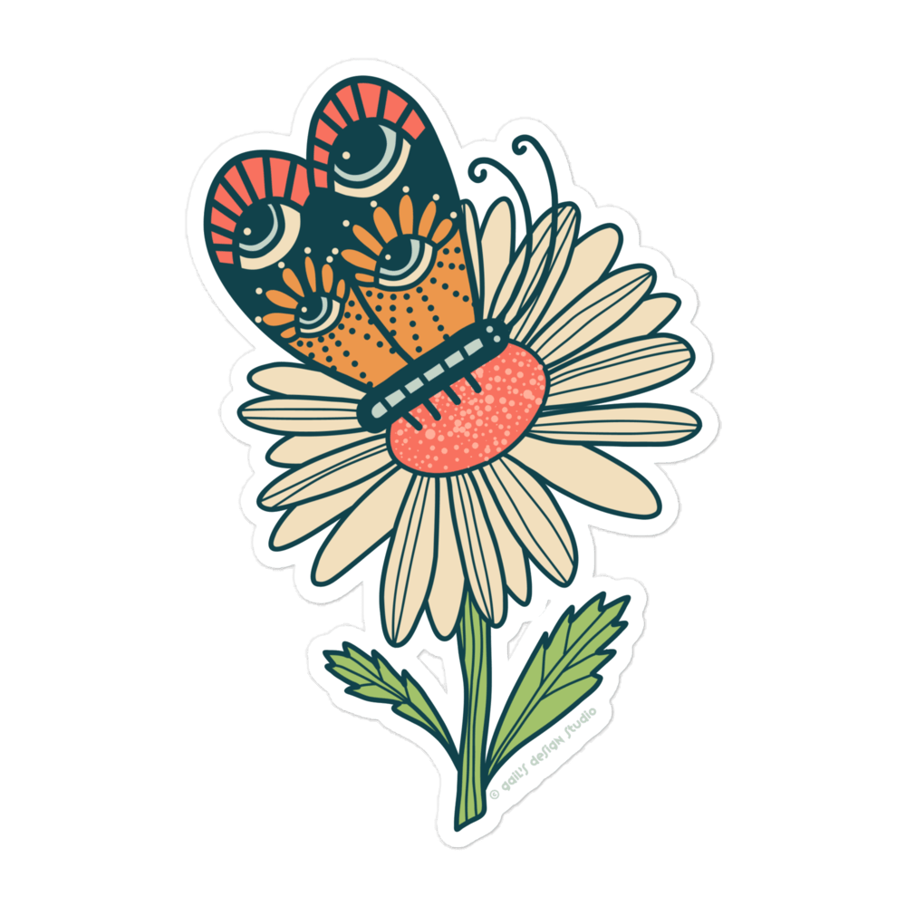 Kiss Cut Sticker: Butterfly Shares Secrets of the Forest with Daisy in Exchange for Pollen - Gail's Design Studio