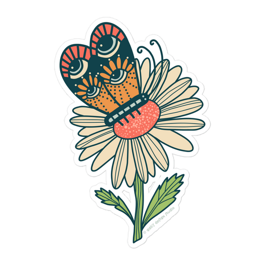 Kiss Cut Sticker: Butterfly Shares Secrets of the Forest with Daisy in Exchange for Pollen - Gail's Design Studio